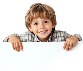 Happy toddler boy peeking over a blank sign, cheerful child with blond hair and plaid shirt, perfect for advertising or announcements, cutout, isolated on white background