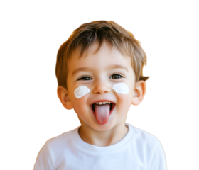 Playful toddler with sunscreen on his cheeks sticking out his tongue, cutout, isolated on white background