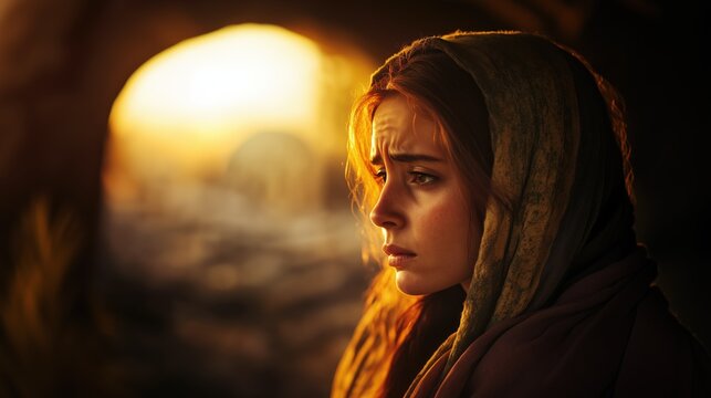 Portrait of Mary Magdalene with sad and worry face in empty tomb at dawn with soft golden light