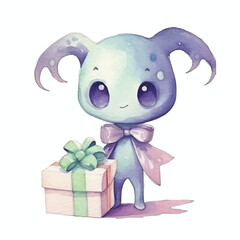 watercolors Cute alien holding gift box illustration