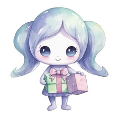 watercolors Cute alien holding gift box illustration