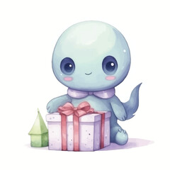 watercolors Cute alien holding gift box illustration