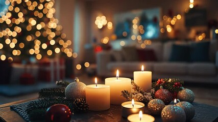 Cozy holiday ambience with flickering candles and christmas decor - Powered by Adobe
