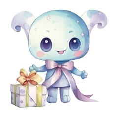 watercolors Cute alien holding gift box illustration