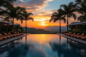 Obraz premium Luxurious Infinity Pool at Sunset Overlooking Lush Mountains