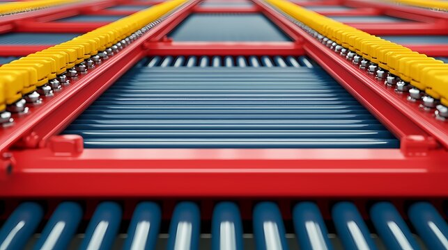 A close-up view of colorful conveyor belts, featuring blue rollers and yellow edges, set against a vibrant red framework.