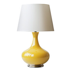 Fototapeta premium A vibrant yellow table lamp with a white shade, elegantly placed on a wooden surface, enhancing a cozy living space ambiance