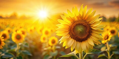 Obraz premium Golden Hour Sunflower Field at Sunset A Vibrant Summer Scene