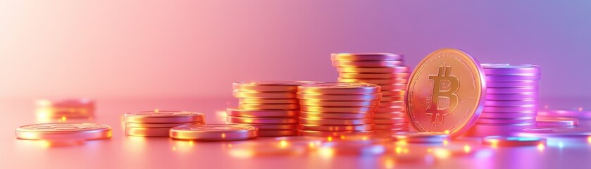 A vibrant composition of stacked coins and a prominent Bitcoin, illuminated by colorful lights, representing cryptocurrency and financial growth.
