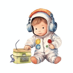 watercolors Cute astronaut dj listening music illustration