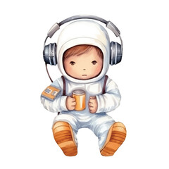 watercolors Cute astronaut dj listening music illustration