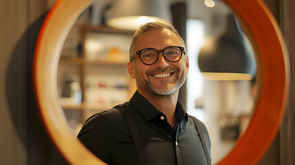 young man looking through magnifying glass