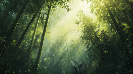 Fototapeta premium Dense bamboo forest with soft sunlight filtering through