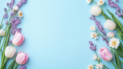 Obraz premium Vibrant spring blooms and delicate petals creating a cheerful atmosphere against a soothing light blue background. Generative AI
