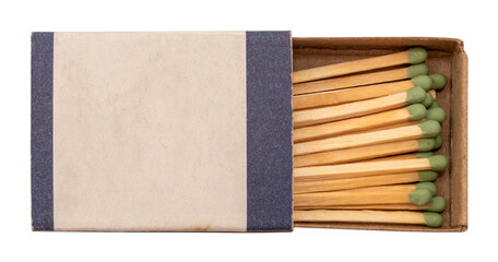 Open white box with matches on a white background.Fire. Fire. Safety. Match isolate with green...