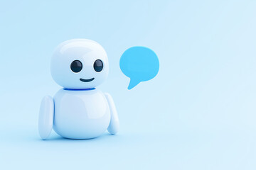 Friendly AI Chatbot: A cheerful, minimalist 3D illustration of a white chatbot with a blue speech bubble, symbolizing communication, artificial intelligence, customer service, and tech support.