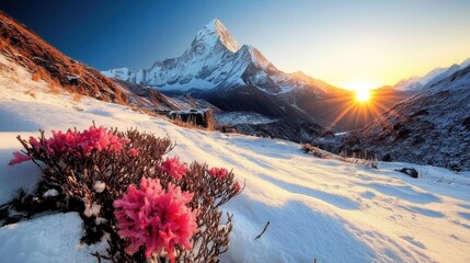 Sunrise over snowy mountains with pink flowers himalayas landscape photography natural beauty scenic view © Watcharaporn