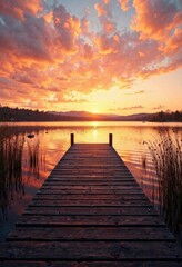 Warm sunset colors on a wooden dock at a lake, brown, blue, wood