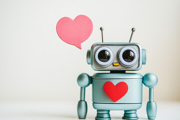 Obraz premium A Robot's Love: A playful silver robot with big eyes and a heart-shaped sticker on its chest stands against a clean background, with a larger heart-shaped speech bubble floating nearby.