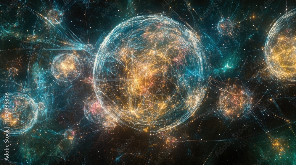 Poster spherical data points forming a web of technology-driven connections in space