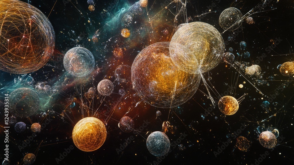 Poster spherical data points forming a web of technology-driven connections in space