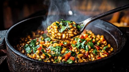 Prebiotic Foods. Hearty vegetable dish with grains in a steaming skillet.