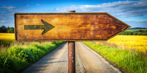 Rustic Wooden Arrow Sign Pointing Right on a Country Road
