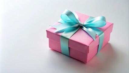Obraz premium A Pink Gift Box with a Light Blue Ribbon Bow on a White Background