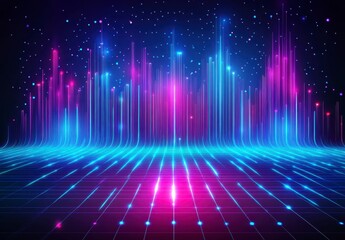 Abstract futuristic cityscape with vibrant neon lights, grid pattern, and glowing lines. Dark background with purple and blue hues