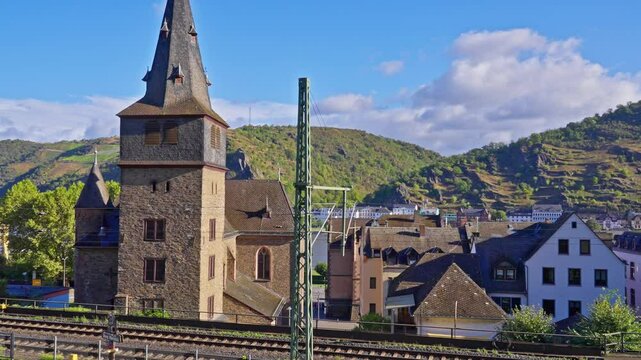 Panning over an aerial view of the town of Sankt Goar or St. Goar in the Rhine River Valley, Germany