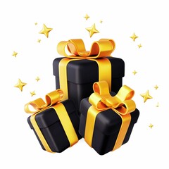 "Elegant Black Gift Boxes with Golden Ribbons and Sparkling Stars"