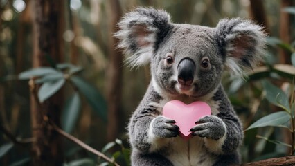 Naklejka premium A cute koala sits on a tree branch holding a pink heart, symbolising love and nature