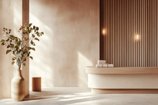 minimalist Scandinavian spa lobby, featuring natural textures, warm wood, and a calming color palette, minimal background with copy space