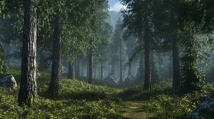 Obraz premium A serene alpine forest with towering pine trees, a carpet of fallen needles, and the sound of rustling branches 