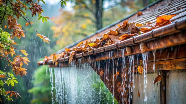 Autumn Rain Drains Off Wooden Roof Guttering With Fallen Leaves