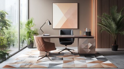 Modern Office Design With Geometric Rug And Plants