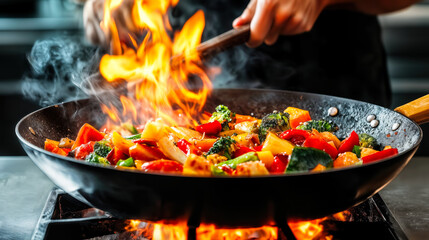 Professional Chef Stir Frying Colorful Vegetables in Wok with Dramatic Flames in Restaurant Kitchen for Culinary Art