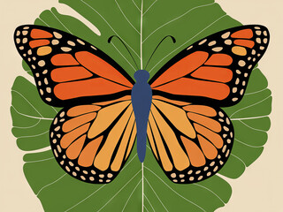 Vibrant monarch butterfly on stylized green leaf background