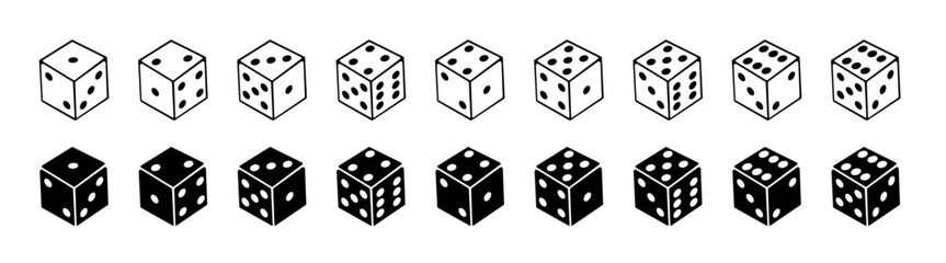 Game dice graphic icons set. Dice from one to six. Rolling dice. Simple dice shapes.