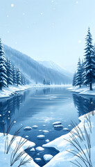 a snowy lake in a winter, hand-drawn digital illustration. with white shades