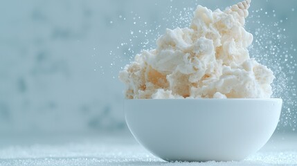 Creamy ice cream in bowl,  sugar splash, kitchen background, food advertising