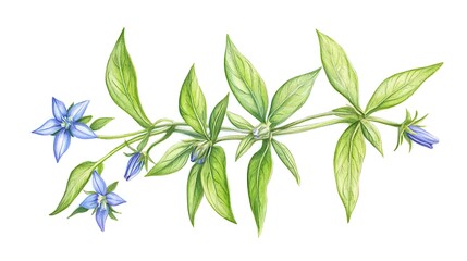 Delicate Blue Flowers and Vibrant Green Leaves Botanical Illustration