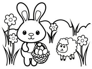 Cute bunny with easter egg basket and lamb in spring garden coloring page