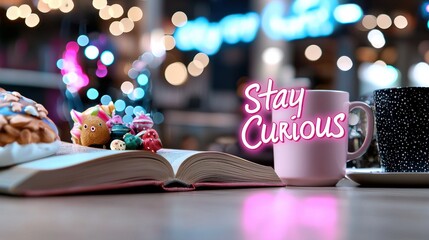 Whimsical Night Cafe Scene: Pink Mug and Open Book with Treats and Magical Lights