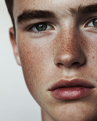 Obraz premium close-up portrait of a young person with freckles, green eyes, white background