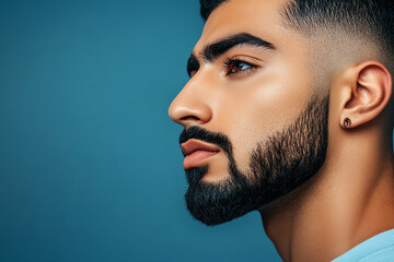 male model with beard a well-defined jawline, fresh complexion, and soft lighting, blue background