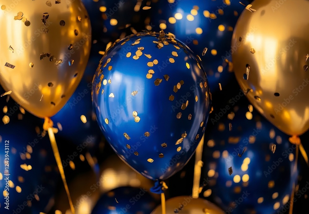 Wall mural Blue and gold balloons with confetti, celebratory festive background. Close up view of shiny balloons with gold confetti. Ideal for parties