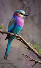 Fototapeta premium Lilac breasted roller with striking colors perched on a branch, sunshine, blue sky