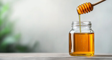 Golden honey flows from a wooden dipper into a glass jar resting on a rustic kitchen table. The natural light enhances the honey's rich color, showcasing its organic quality and purity.