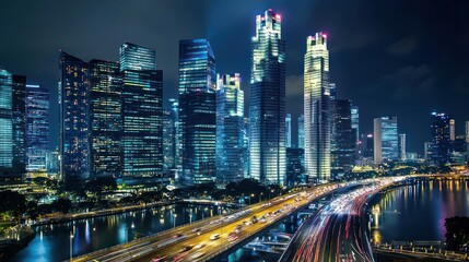 Obraz premium Stunning Night Cityscape with Skyscrapers and Vibrant Lights